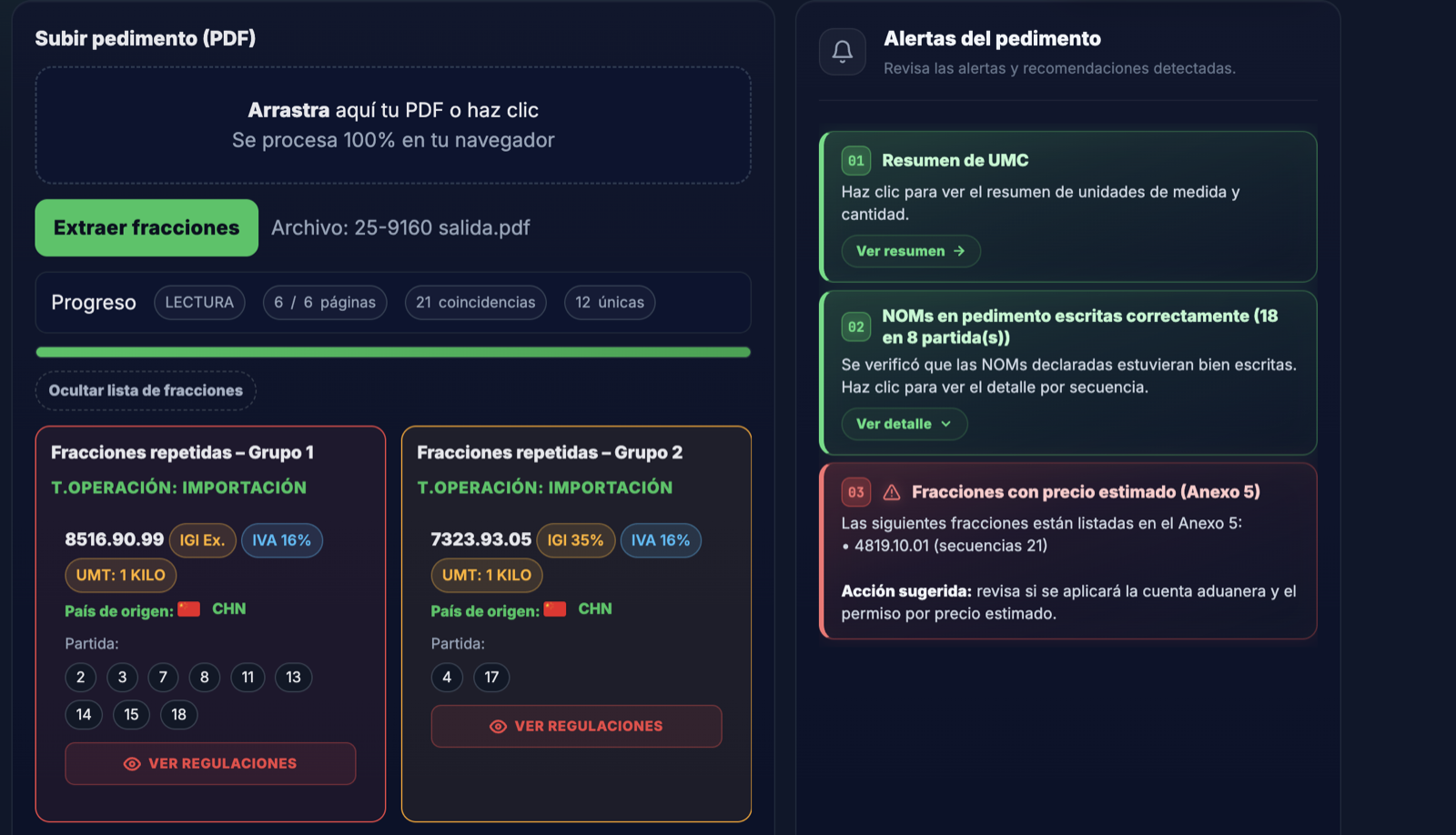 Extractor de pedimentos - vista de partidas
